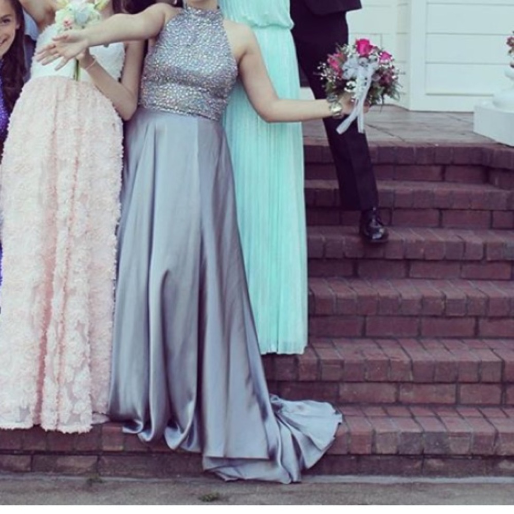 Grey / silver jeweled Sherri hill prom dress